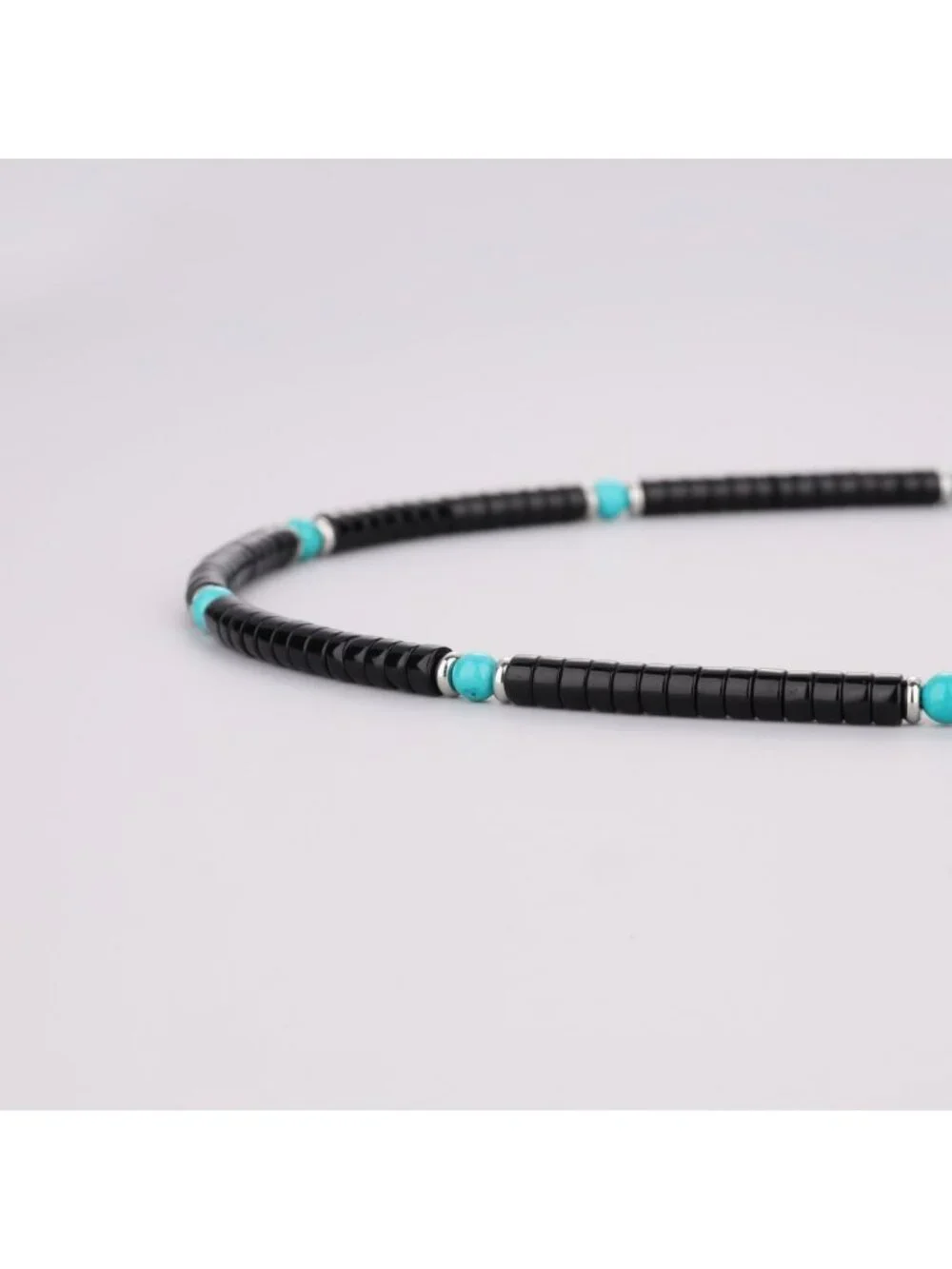 Men's Adjustable Beaded Necklace, Turquoise & Black Onyx Heishi Beads, 20-22